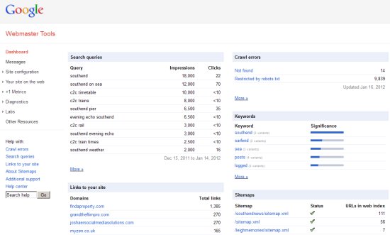 Google Webmaster Tools Dashboard Screenshot